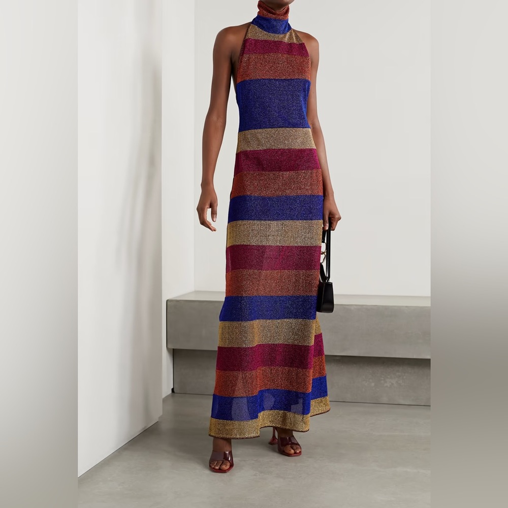 OSÉREE Striped stretch-Lurex halterneck sheer maxi dress